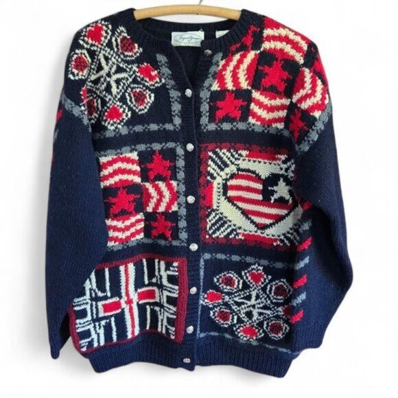 Vintage Jayson Younger Large Americana Wool Knit Cardigan Sweater Red White Blue - Picture 1 of 5